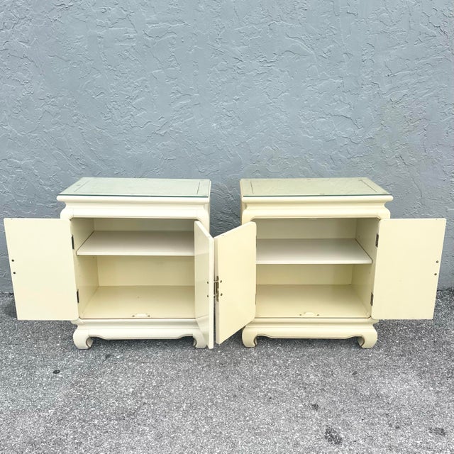 Chinese Vintage Chinese Hand Painted Cream and Gold Glass Top Nightstands/Cabinets - A Pair For Sale - Image 3 of 12