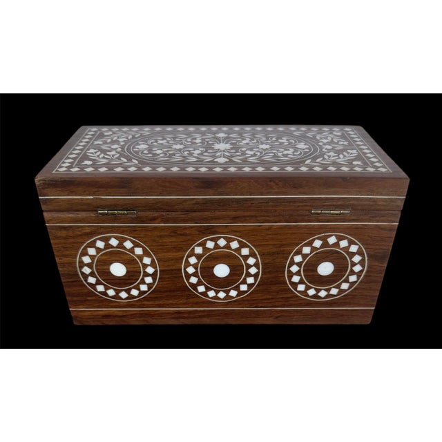 Brown 1960s Mid Century Teak Inlay White Hard Wood Dowry Box For Sale - Image 8 of 12