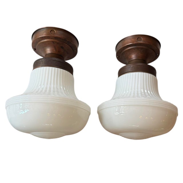 Metal Mid 20th Century Pair of Mid Century Milk Glass Flushmount Ceiling Lights For Sale - Image 7 of 7