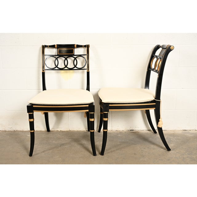 Baker Furniture Historic Charleston Regency Ebonized and Gold Gilt Side Chairs or Dining Chairs, Pair For Sale - Image 12 of 16