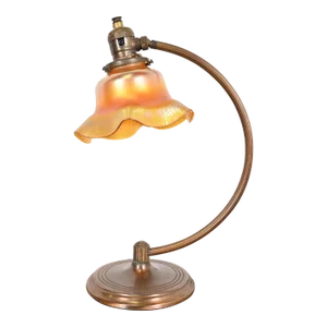 Antique Chase Art Deco Brass Desk Lamp With Quezal Favrile Art Glass Shade, Circa 1930s