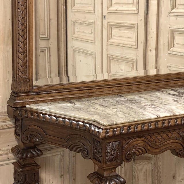 19th Century French Walnut Louis XIV Style Marble-Top Console & Beveled Mirror For Sale - Image 11 of 12