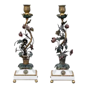 Antique 19th Century French Gilt & Enamel Bronze Candlesticks with Basket of Flowers on Marble Base - A Pair