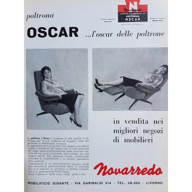 "Oscar" reclining armchair produced by Novarredo and designed by Nello Pini. Red fabric upholstery with yellow and blue...