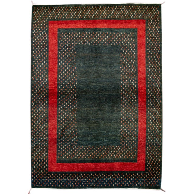 Modern Persian Gabbeh Handmade Green Geometric Wool Rug For Sale - Image 10 of 10