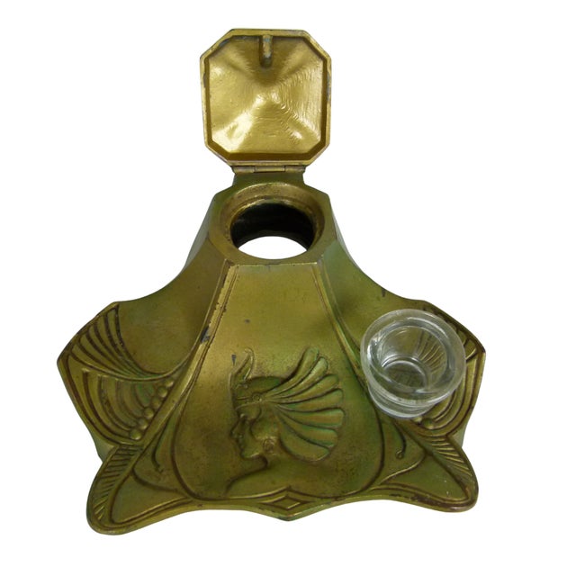 Metal Antique Art Nouveau Brass Inkwell With Original Glass Liner . Jugendstil Desktop Decor . Early 1900s Goddess Motif For Sale - Image 7 of 11