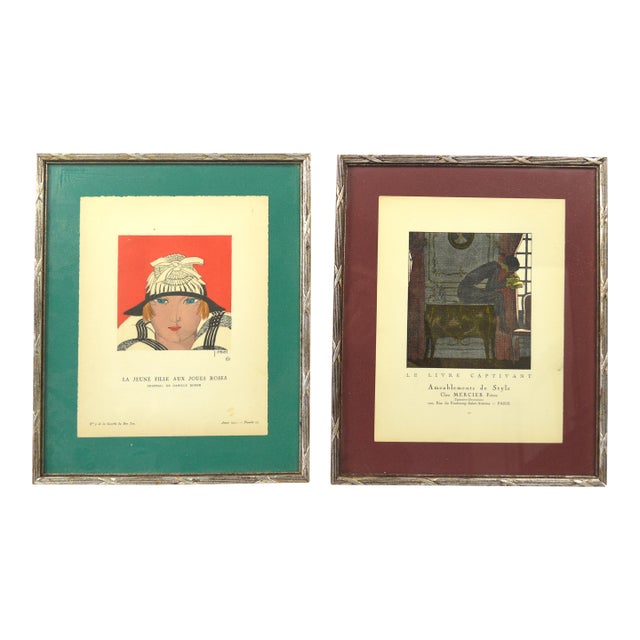 French Art Deco Mercier Freres / Gazette Du Bon Ton Prints W House of Heydenryk Silver Gilt Frames - Set of 2 For Sale