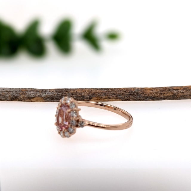Pink Morganite Ring With Natural Diamond Halo: Solid 14k Gold, Oval 7x5mm, Size 6.75 For Sale In Columbus - Image 6 of 6