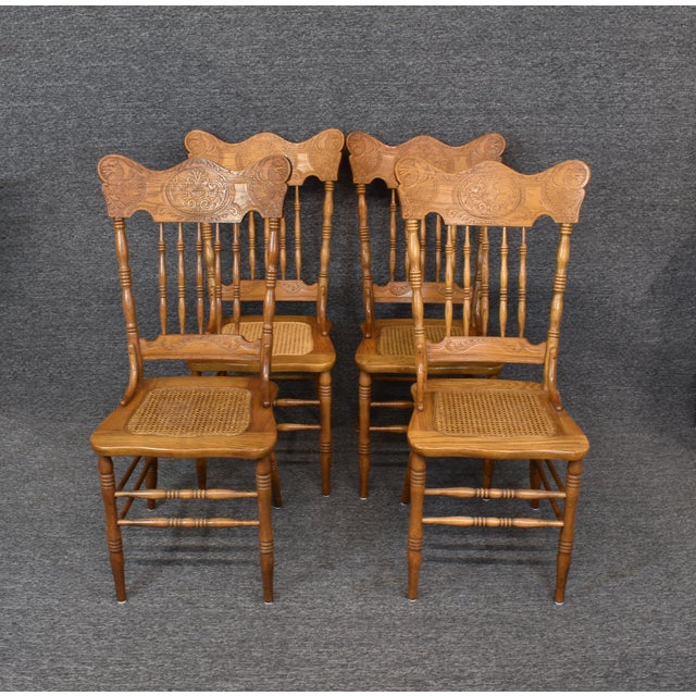 Vintage Tiger Oak Serpent Head Pressed Back Carved Cane Seats Dining Chairs Set of 4 Chairish