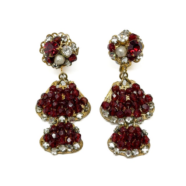 1950s Vintage Red Glass Bead and Rhinestone Drop Earrings by Robert DeMario, 1950s, Set of 2 For Sale - Image 5 of 11
