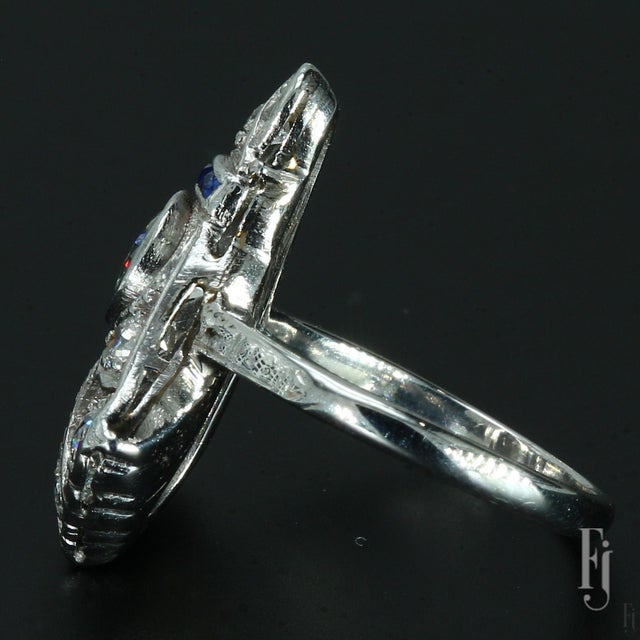 Vintage 14k White Gold Art Deco Ring With Diamond & Blue Sapphire - Size 3.25 For Sale - Image 4 of 6