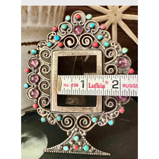 Vintage Sterling Silver Taxco Picture Frame, Turquoise Coral Amethyst Gemstones For Sale - Image 12 of 12