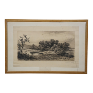 Late 19th Century Antique Hendrik Dirk Kruseman Van Elten Quiet Place Bucolic Landscape Etching 25"