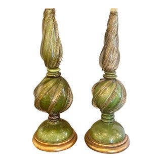 Pair of Vintage Murano Green Glass Lamps For Sale
