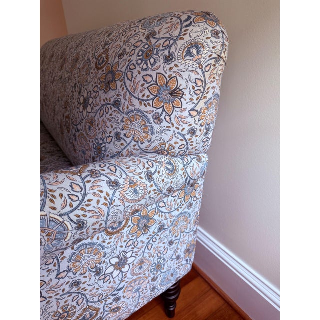 Garnet Hill Hamptons Settee Classic roll arm settee with turned legs and tight back and seat. Fabric is Oxford Blue Odette...