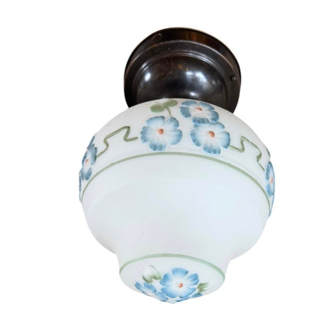 Antique Hand Painted Ceiling Flushmount Light Fixture With Blue Flowers For Sale - Image 4 of 5
