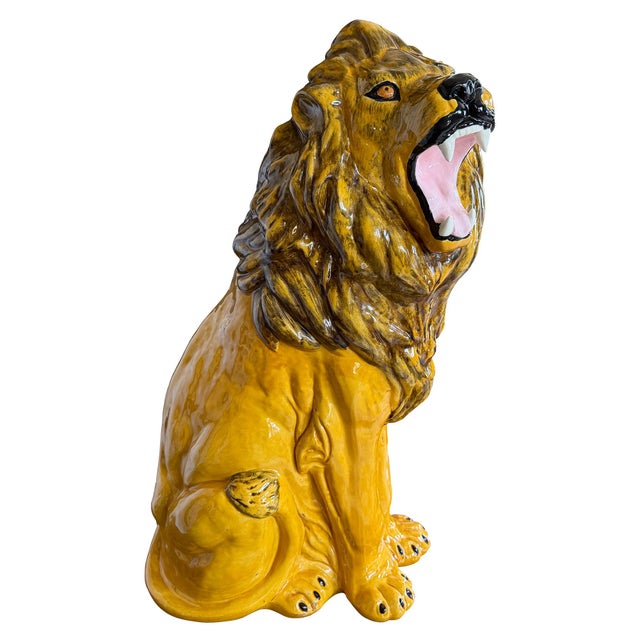 Large Italian Majolica Roaring Lion Sculpture, Hand-Painted Glazed Ceramic 1970s For Sale