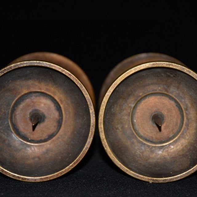 Pair of Bronze Candle Holders — Curved Dish & Trumpet Base, Aged Patina For Sale - Image 4 of 9