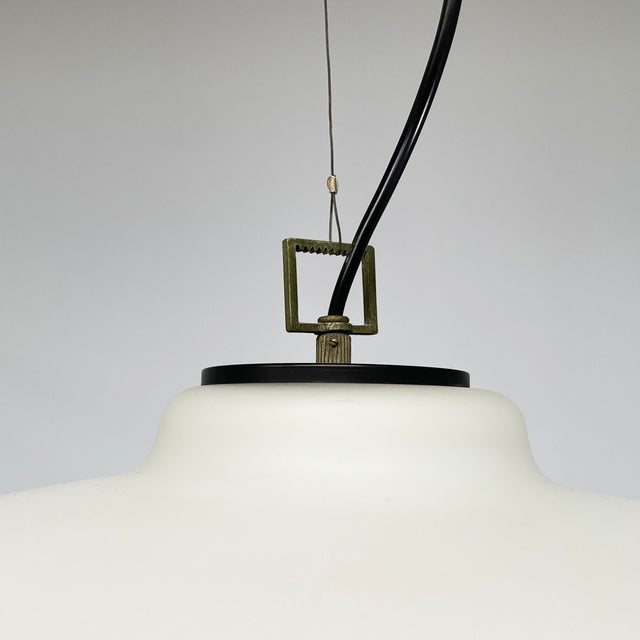 Italian Pendant Lamp in Opaline Glass, Brass and Black Metal, 1950s For Sale - Image 13 of 16
