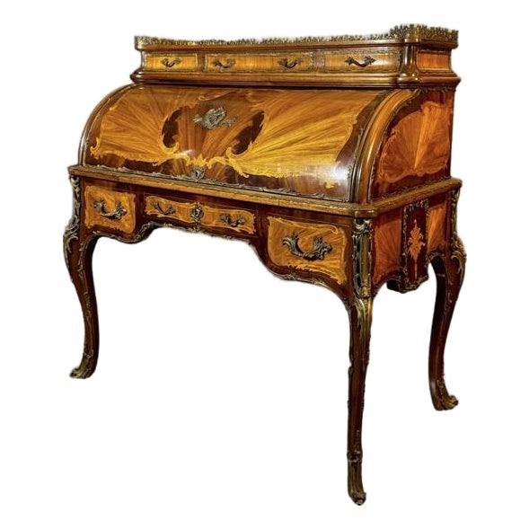 Mid 18th Century Louis XVI Style Marquetry Bureau À Cylindre Roll-Top Desk With Brass Gallery For Sale