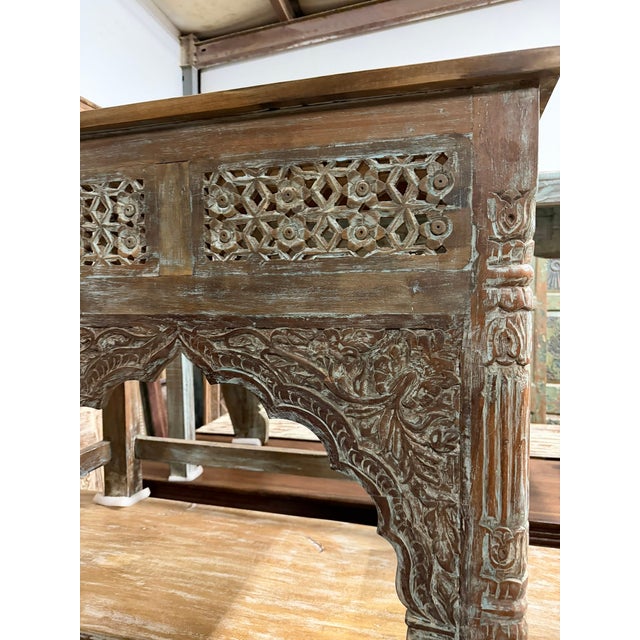 1920s Hand-Carved Lattice Console Table – Ornate Solid Wood Hallway Accent For Sale - Image 4 of 6