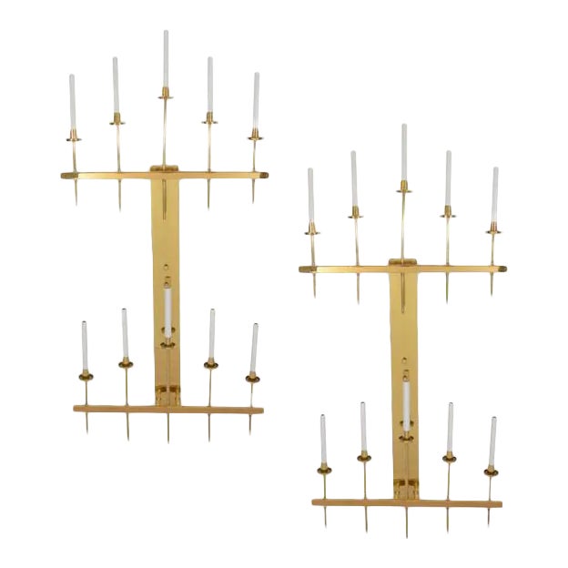 Monumental Modernist Brass Sconces Attributed to Tommi Parzinger - a Pair For Sale