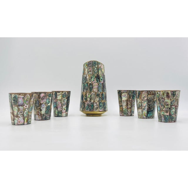 Emilia Castillo Mid 20th Century Mexican Abalone Mosaic Brass Barware Set, Pitcher & 6 Glasses For Sale - Image 4 of 18