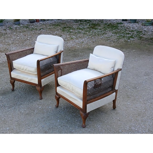 Brown Vintage Louis XV Style Cane and White Fabric Armchairs, 1950, Set of 2 For Sale - Image 8 of 10
