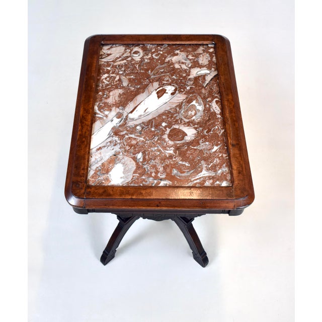 Wood Antique Aesthetic Movement Victorian Carved Mahogany Marble Top Parlor Side Table For Sale - Image 7 of 9