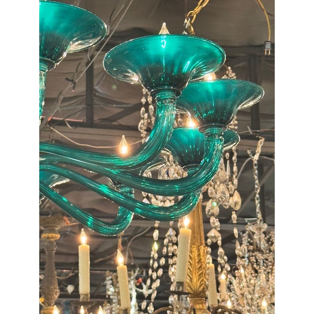 Teal Modern Murano Teal Glass Chandelier For Sale - Image 8 of 9