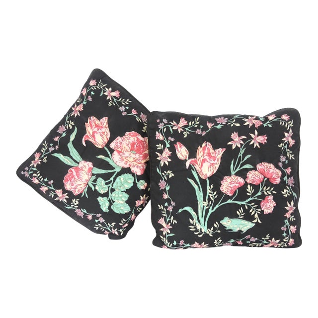 English Country Cottage Black Pillows (Cushions) With Raised Pink Tulips and Roses - A Pair For Sale