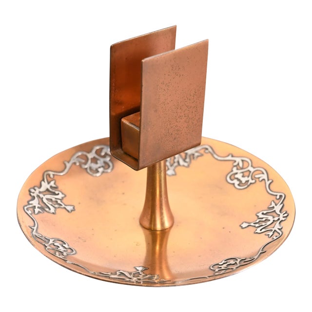 Heintz Arts & Crafts Sterling Silver on Bronze Ashtray With Match Box Holder For Sale