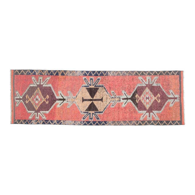 1970s Vintage Turkish Handmade Wool & Cotton Pink Runner Rug For Sale
