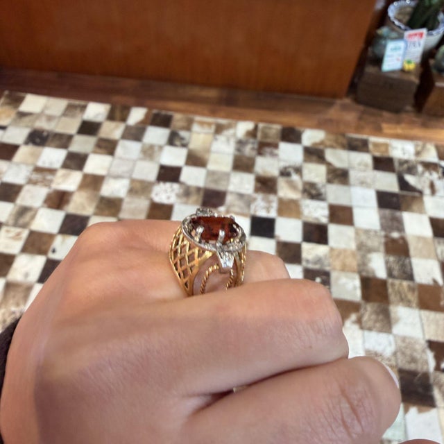 Orange 1960s 4.65 Carat Spessartine Garnet Diamond Lattice Wide Band 18k Two Tone Gold Ring, Size 4.5 For Sale - Image 8 of 11