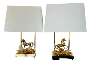 Pair of Horse Claude Victor Boeltz 1980 Gold Bronze Crystal French Table Lamps
