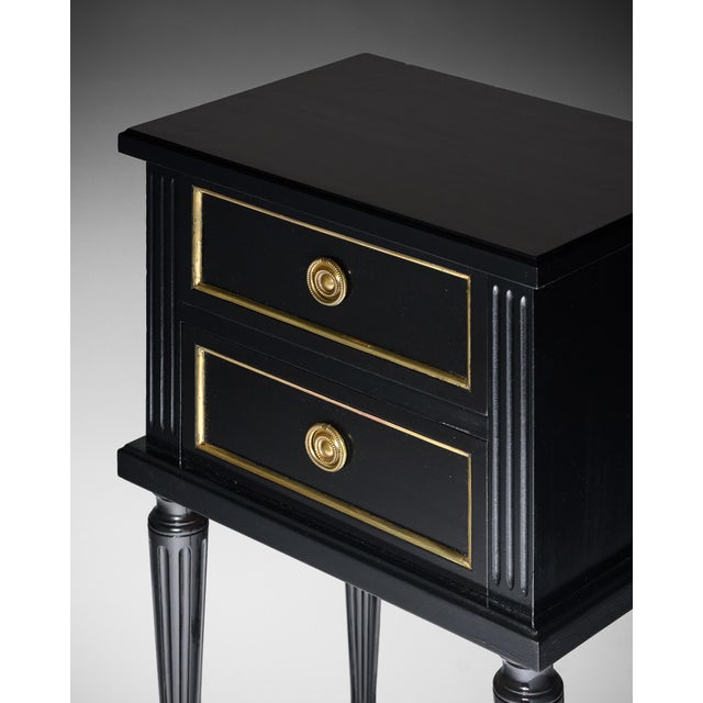 Pair of French Louis XVI Style Ebonized and Brass Two-Drawer Side Tables For Sale - Image 9 of 9