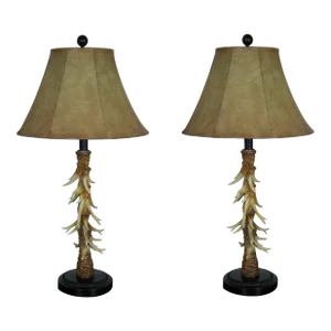 Set of 2 Vintage Mid 20th Century Faux Resin Antler Hunt Cabin Taxidermy Theme Table Lamps
