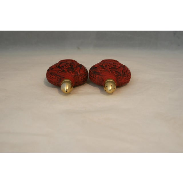 Vintage 1950s Asian Red Carved Snuff Bottles Plastic Salt & Pepper Shakers For Sale In West Palm - Image 6 of 8