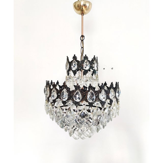 Art Deco Antique Brass Crystal Basket Chandelier For Sale - Image 3 of 11
