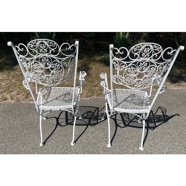 Russell Woodard Pair Woodard Iron Arm Chairs Andalusian Spanish Lace Pattern For Sale - Image 4 of 9