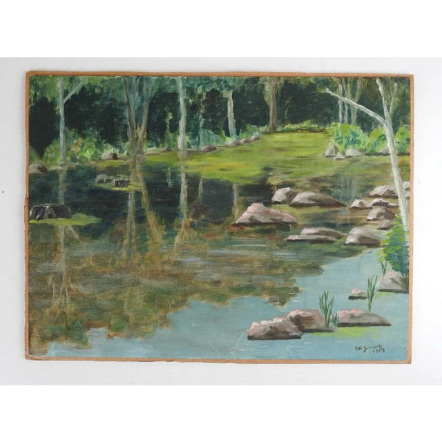 Vintage 1960s Woodland Lake Landscape Painting For Sale - Image 4 of 5