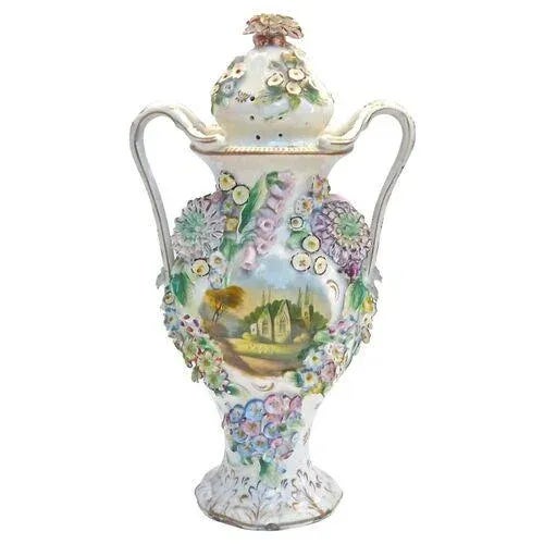 Large antique Jacob Petit porcelain floral urn vase with floral adorned removable lid. Hand-painted country cottage scenes...