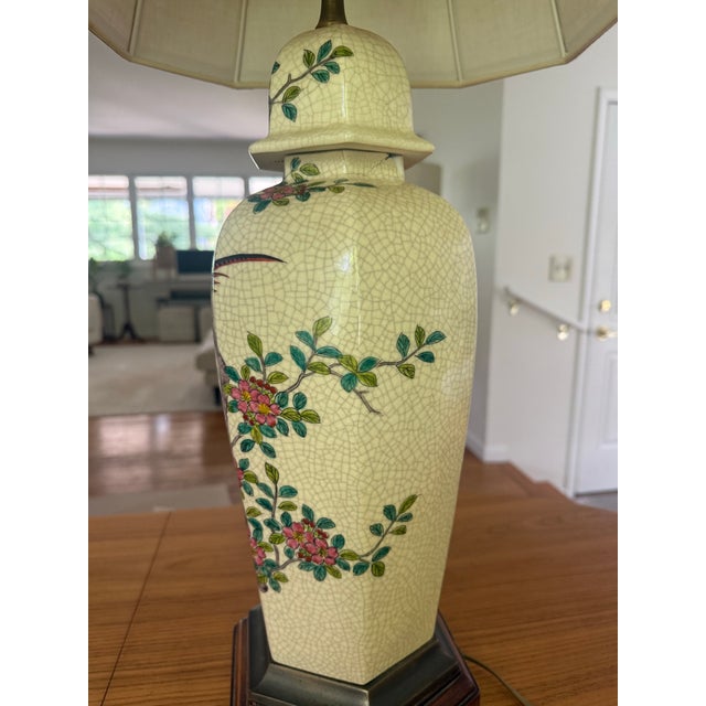 Paul Hanson Mid 20th Century Paul Hanson Chinoiserie Crackle Glaze Ceramic Table Lamp | Birds & Blossoms | Vintage For Sale - Image 4 of 12