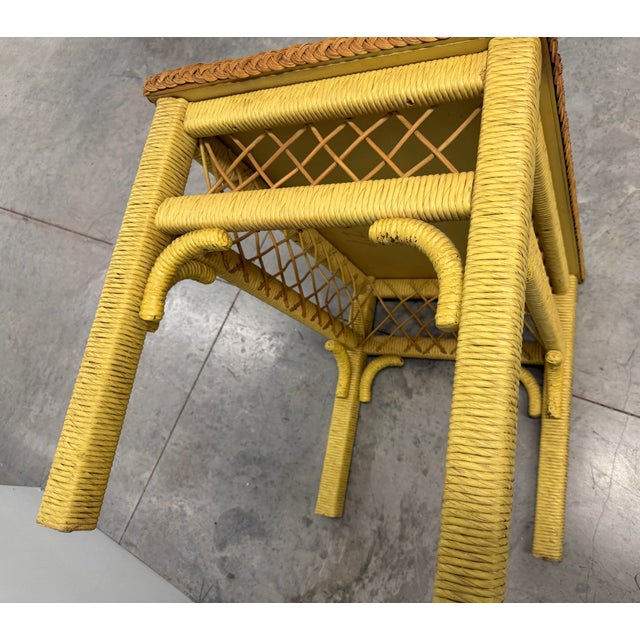 Mustard Pair of Vintage Henry Link Wicker End Tables With Glass Tops - Lexington Furniture For Sale - Image 8 of 11