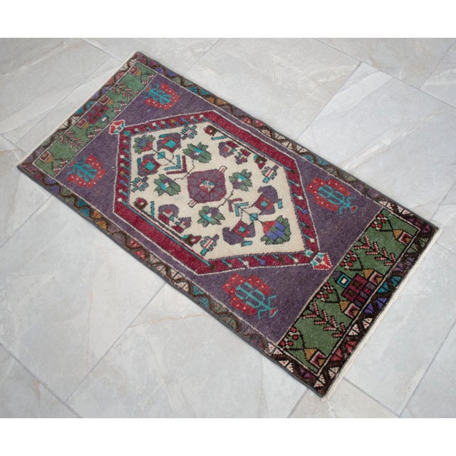1970s Hand Knotted Turkish Small Rug Purple Accent Rug - 20'' X 39'' For Sale - Image 10 of 13