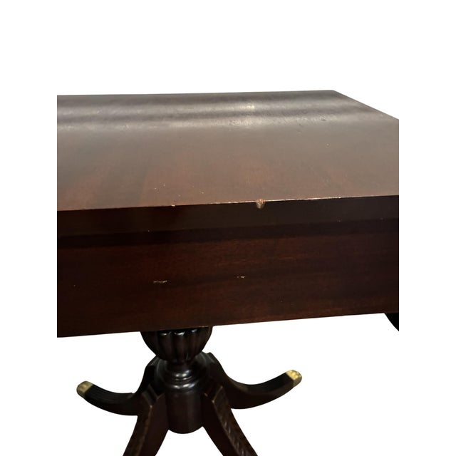 Brass Antique English Regency Style Mahogany Drop Leaf Pedestal Side Table With Drawer For Sale - Image 8 of 10