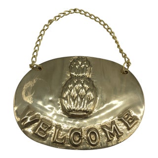 Vintage Brass Pineapple Hanging Welcome Sign For Sale