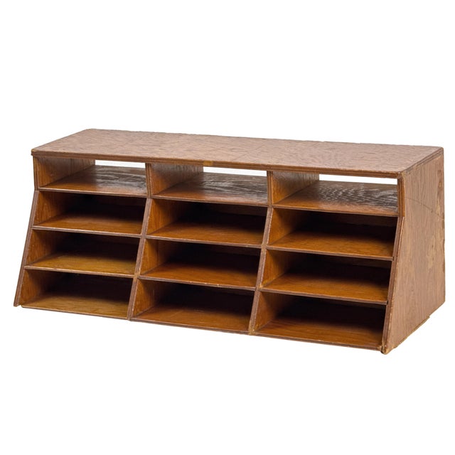 1950s Vintage 1950s Large Modernist Wooden Desktop Cubby W/ Angled Slotted Compartments - Handmade Office Storage Organizer For Sale - Image 5 of 12