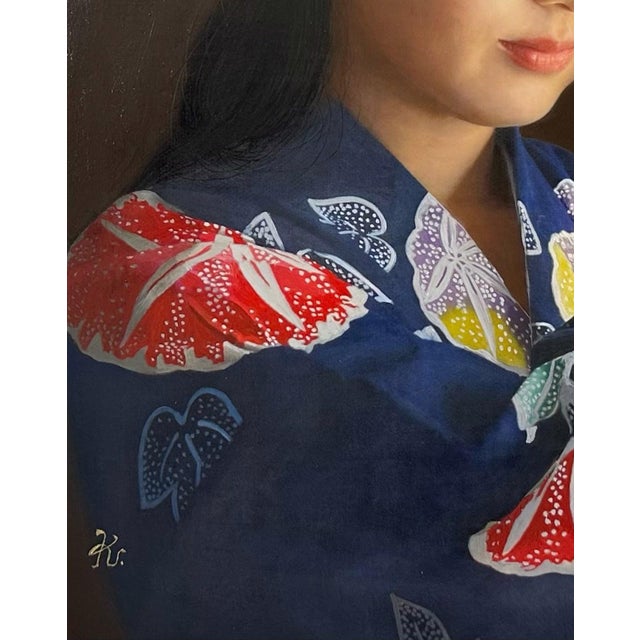 Realism Aika by Kazuya Ushioda | Oil on Panel Portrait of a girl in a traditional kimono. For Sale - Image 3 of 5