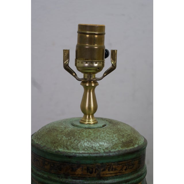 Metal Late 20th Century Chinese Chinoiserie Green Gilt Toleware Tea Canister Caddy Banquet Lamps - a Pair For Sale - Image 7 of 18